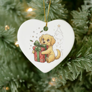 Ornamento De Cerâmica Filhote de Retriever Dourado de Natal Fofo Abraçan