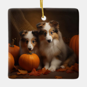 Ornamento De Cerâmica Filhote de Shetland Sheepdog Delícia de Outono Abó