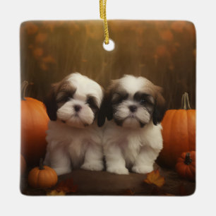 Ornamento De Cerâmica Filhote de Shih Tzu Delícia de Outono Abóbora