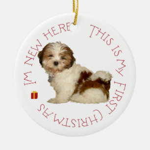 Ornamento De Cerâmica Filhote de Shih Tzu Primeiro Natal
