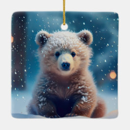 Ornamento De Cerâmica Filhote de Urso Fofo na Floresta Coberta de Neve