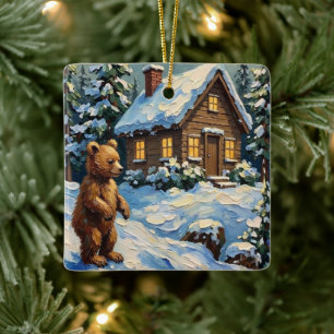 Ornamento De Cerâmica Filhote de Urso Vintage em Cabana de Pinheiro Nata