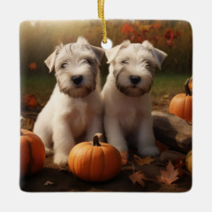 Ornamento De Cerâmica Filhote de Wheaten Terrier Outono Prazer Abóbora