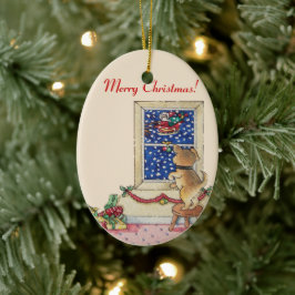 Ornamento De Cerâmica filhote fofo acenando para papais noeis na neve