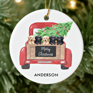 Ornamento De Cerâmica Filhotes de Labrador Caminhão de Natal Vermelho Pe
