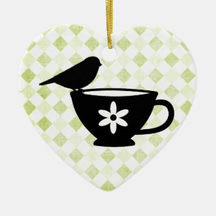 Ornamento De Cerâmica Finch na teacup Silhouette