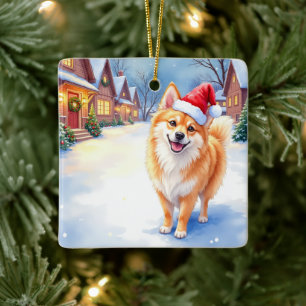 Ornamento De Cerâmica Finnish Lapphund Vila Nevada Chapéu de Papai Noel