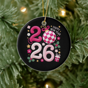 Ornamento De Cerâmica Fio de Crochê Feliz Ano Novo 2026