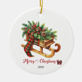 Ornamento De Cerâmica Fios de madeira trenós verdes e Xadrezes vermelha