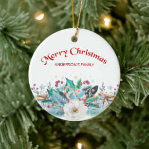 Ornamento De Cerâmica Fir Twigs E Rosa Branca