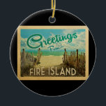 Ornamento De Cerâmica Fire Island Viagens vintage<br><div class="desc">Esta design da "Greeting From Fire Island",  uma vintage ilha de bombeiros,  apresenta uma praia arenosa com uma bela água turquesa oceânica e acima do mar,  um céu azul com nuvens brancas onduladas. No estilo viagens vintage.</div>
