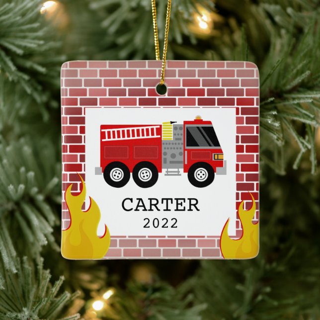 Ornamento De Cerâmica Fire Truck Chama Crianças Pequeno Natal (Árvore)