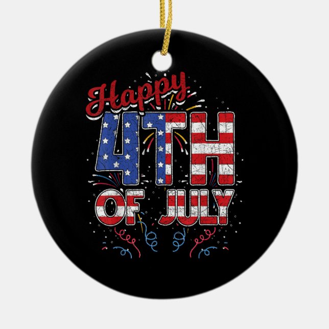 Ornamento De Cerâmica Fireworks Happy 4 de julho Bandeira Americana 4th  (Frente)