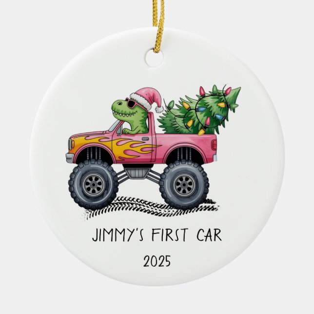Ornamento De Cerâmica First Car Personalized Dinosaur Monster Truck (Frente)