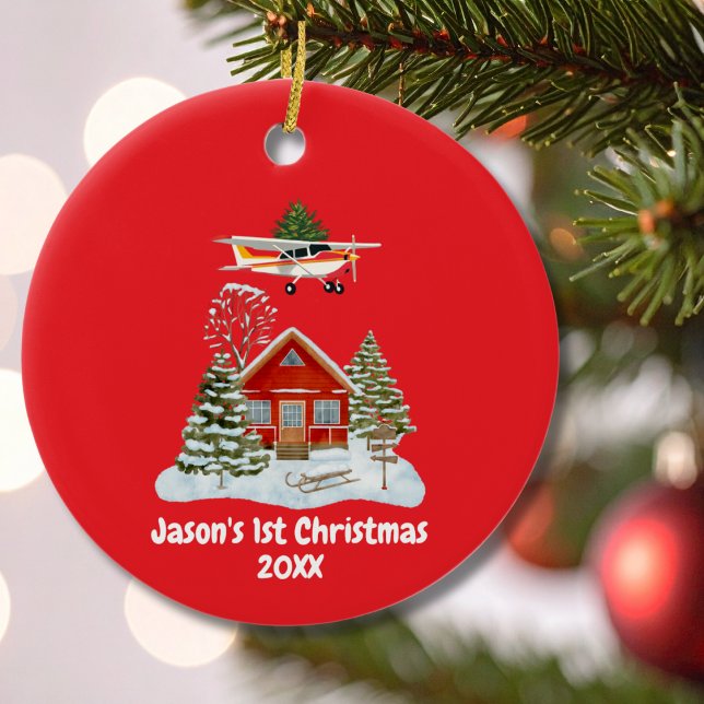 Ornamento De Cerâmica First Christmas Airplane Tree Pilot Boy (Criador carregado)