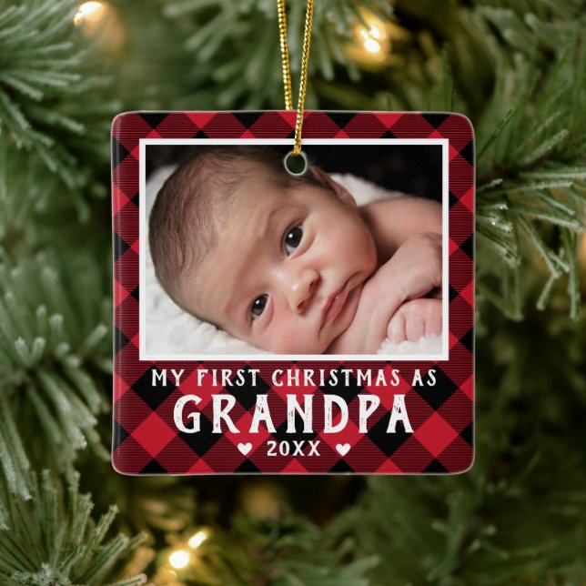 Ornamento De Cerâmica First Christmas as Grandpa Baby Photo Plaid (Árvore)