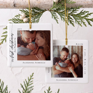 Ornamento De Cerâmica First Christmas as Parents Baby Photo Birth Stats