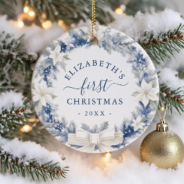Ornamento De Cerâmica First Christmas Blue Rustic Wreath
