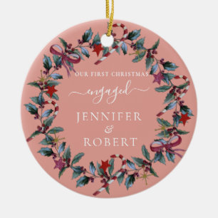 Ornamento De Cerâmica First Christmas Engaged Rose Wreath