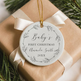 Ornamento De Cerâmica First Christmas Floral Botanical Wreath