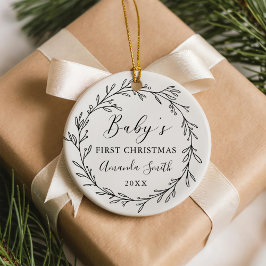 Ornamento De Cerâmica First Christmas Floral Botanical Wreath