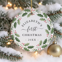 Ornamento De Cerâmica First Christmas Floral Greenery Wreath