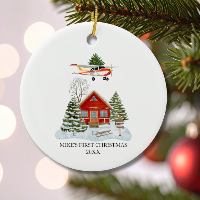 Ornamento De Cerâmica First Christmas Home Cessna Airplane Tree Travel (Criador carregado)