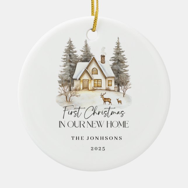Ornamento De Cerâmica First Christmas in Our New Home Winter View (Frente)