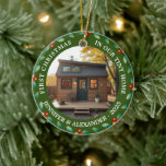 Ornamento De Cerâmica First Christmas in our Tiny Home house photo<br><div class="desc">The first Christmas in our new Tiny Home photo Ornament. 
Add your own photos of your new home,  add your names,  text and year and create a very personal and unique Christmas ornament.</div>