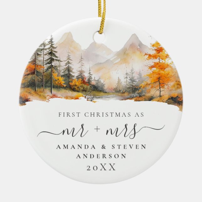 Ornamento De Cerâmica First Christmas Mr Mrs Mountain Forest Wedding (Frente)