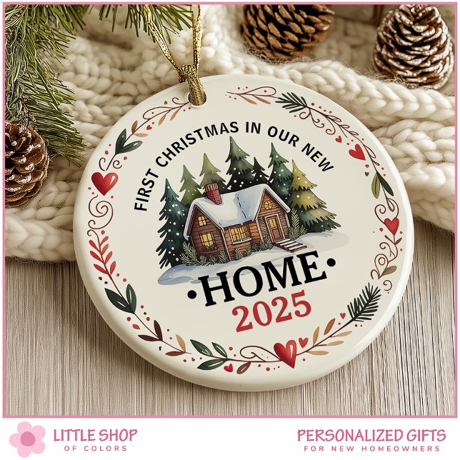 Ornamento De Cerâmica First Christmas New Home Customizable Photo (Criador carregado)