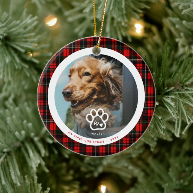 Ornamento De Cerâmica First Christmas New Home Dog Photo Monogram Tartan (Árvore)
