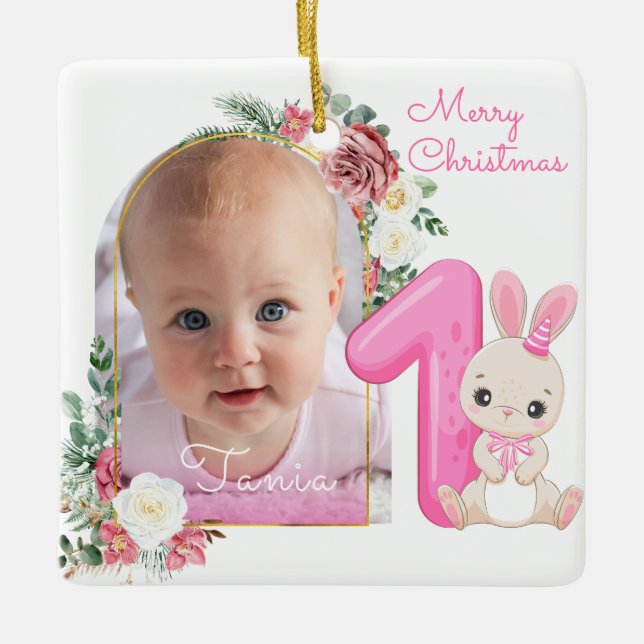 Ornamento De Cerâmica First Christmas Pink Baby Girl Photo floral (Frente)
