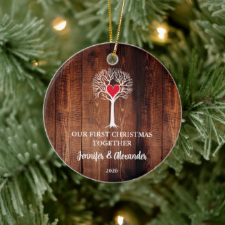 Ornamento De Cerâmica First Christmas together love tree wood photo