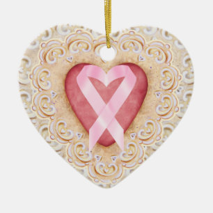 Ornamento De Cerâmica Fita cor-de-rosa do Cancer nº 2 do coração - SRF