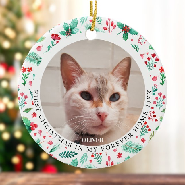 Ornamento De Cerâmica Fita-d'água do Primeiro Natal 2 (First Christmas Forever Home Cat Pet + Watercolor Ceramic Ornament)