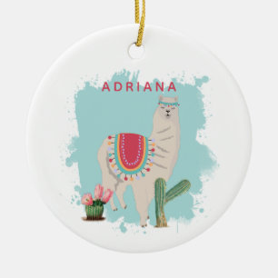 Ornamento De Cerâmica Fita Personalizada Fiesta Llama e Cactus
