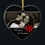Ornamento De Cerâmica Fita Vermelha de Fotografia Personalizada Romântic<br><div class="desc">Enfeites de natal acrílico clássico preto e branco em forma de coração para personalizar com sua própria fotografia e texto na frente e texto no verso.</div>