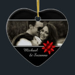 Ornamento De Cerâmica Fita Vermelha de Fotografia Personalizada Romântic<br><div class="desc">Enfeites de natal acrílico clássico preto e branco em forma de coração para personalizar com sua própria fotografia e texto na frente e texto no verso.</div>
