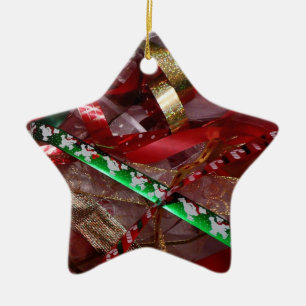 Ornamento De Cerâmica Fitas de Natal Vermelho Verde e Dourado Feriado