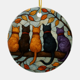Ornamento De Cerâmica Five Cats on a Tree Branch Stained Glass Style