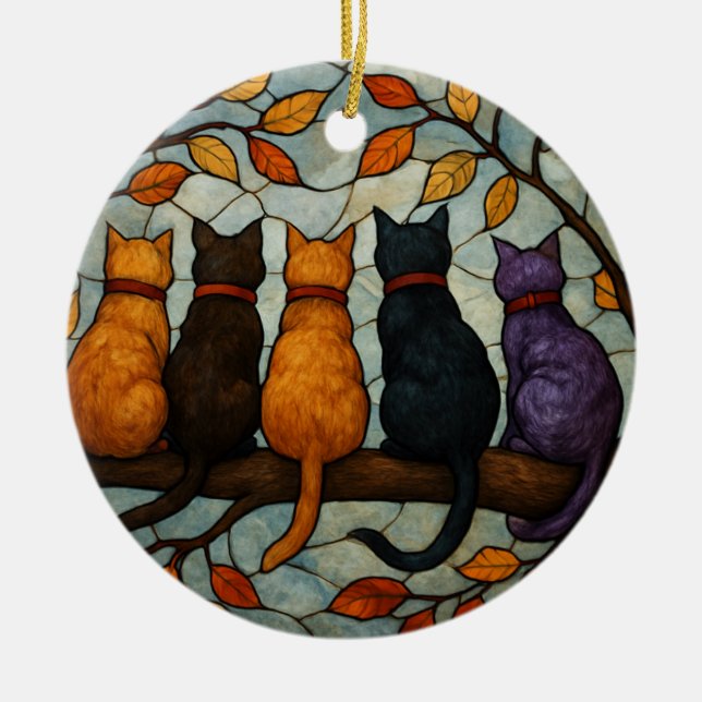 Ornamento De Cerâmica Five Cats on a Tree Branch Stained Glass Style (Frente)