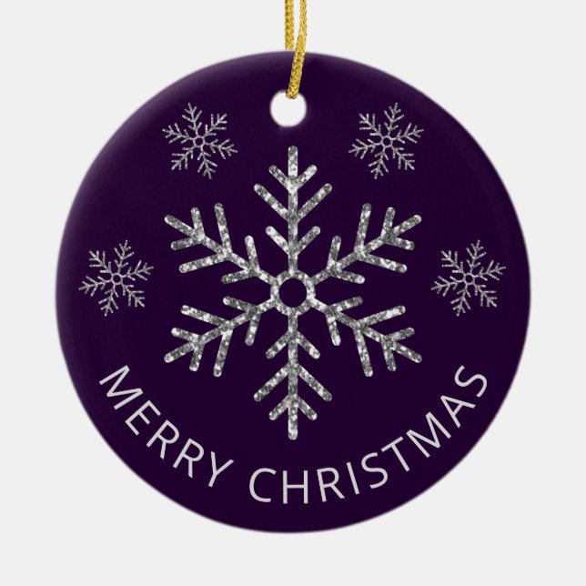 Ornamento De Cerâmica Flair Natalino Roxo  Brilho Prateado Floco de Neve (Frente)