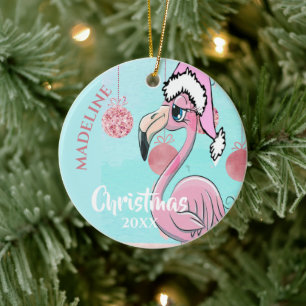 Ornamento De Cerâmica Flamingo Christmas Santa Hat Blue Rosa Girassol
