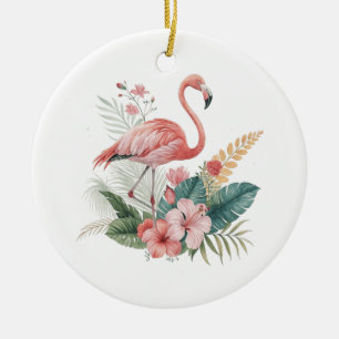 Ornamento De Cerâmica Flamingo Com Flores
