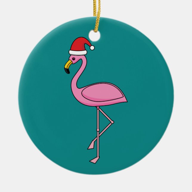 Ornamento De Cerâmica Flamingo de Natal com Santa Hat (Frente)