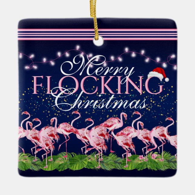 Ornamento De Cerâmica Flamingo de Natal personalizado com Felizes (Frente)