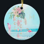 Ornamento De Cerâmica Flamingo Jewel Beach Floral Bonito<br><div class="desc">Um buquê floral sobre joias bonito com estrelas cintilantes em um fundo litoral icônico. Há dois flamingos rosados icônicos, um vestindo um colar de joias. Tudo é balanceado no fundo da cena do oceano para iluminar a design bonito. Um presente perfeito para amantes do flamingo. Altere facilmente as informações para...</div>