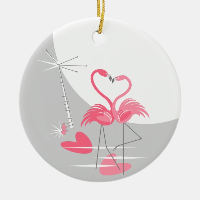 Ornamento De Cerâmica Flamingo Love Large Moon Names Ornament round (Frente)