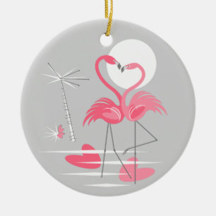 Ornamento De Cerâmica Flamingo Love Texto ornado round